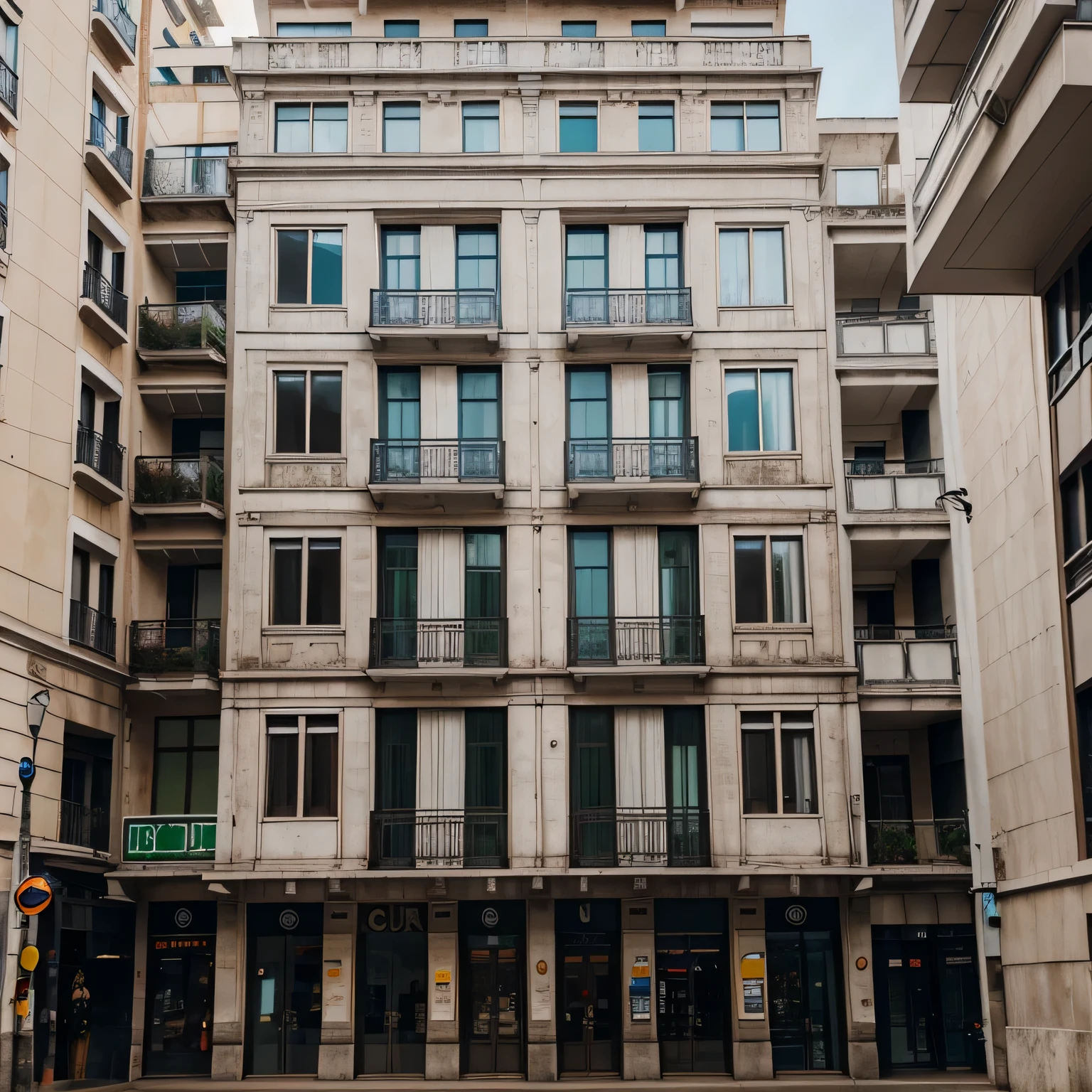 Realistic building facade, bem quadrado, Clearly visible features, flat frame in front of the building,No distortion is made to the image.