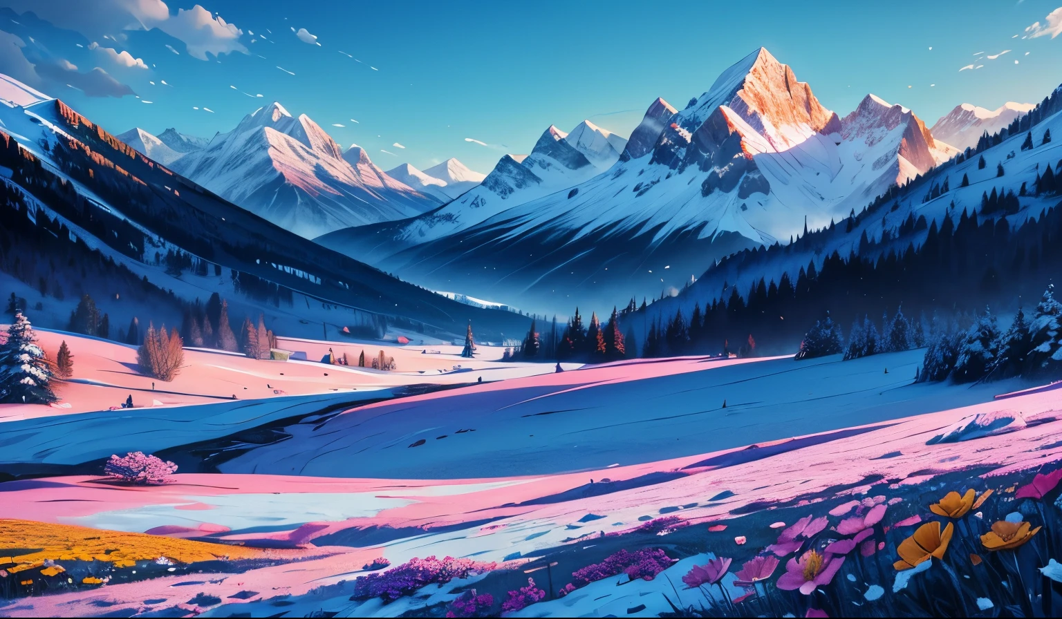 abstract landscape, colorful, flowers, mountains, winter