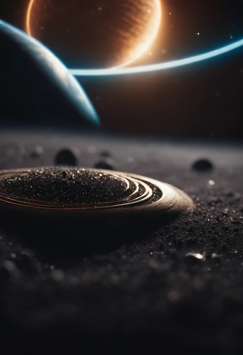 a detailed macro shot of a piece of debris or space dust floating near the neon planet’s rings, highlighting the intricate details and textures of the celestial particles