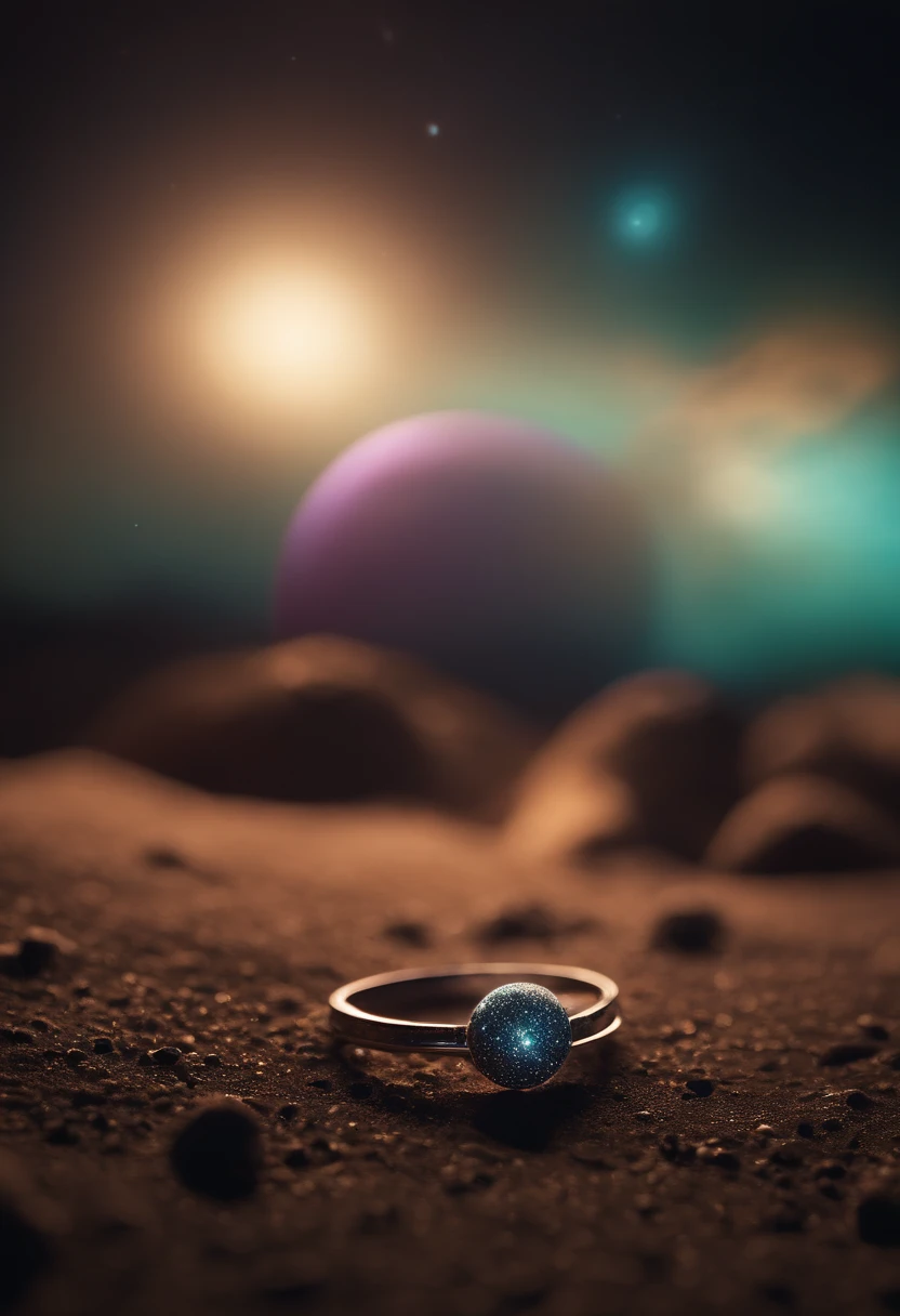 a detailed macro shot of a piece of debris or space dust floating near the neon planet’s rings, highlighting the intricate details and textures of the celestial particles