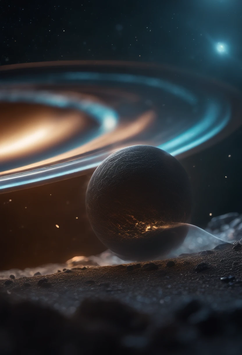 a detailed macro shot of a piece of debris or space dust floating near the neon planet’s rings, highlighting the intricate details and textures of the celestial particles