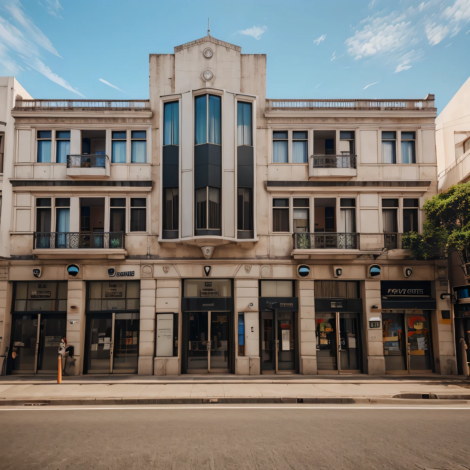 Realistic building facade, bem quadrado, Clearly visible features, flat frame in front of the building,No distortion is made to the image.
