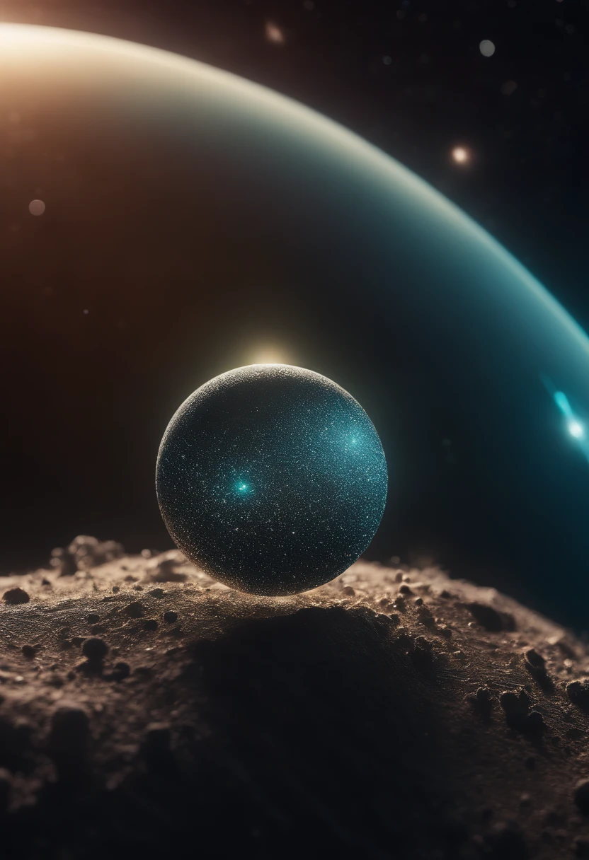 a detailed macro shot of a piece of debris or space dust floating near the neon planet’s rings, highlighting the intricate details and textures of the celestial particles