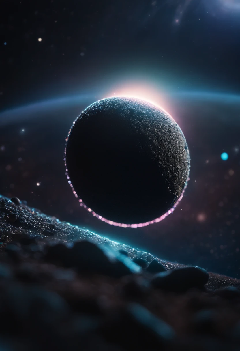 a detailed macro shot of a piece of debris or space dust floating near the neon planet’s rings, highlighting the intricate details and textures of the celestial particles