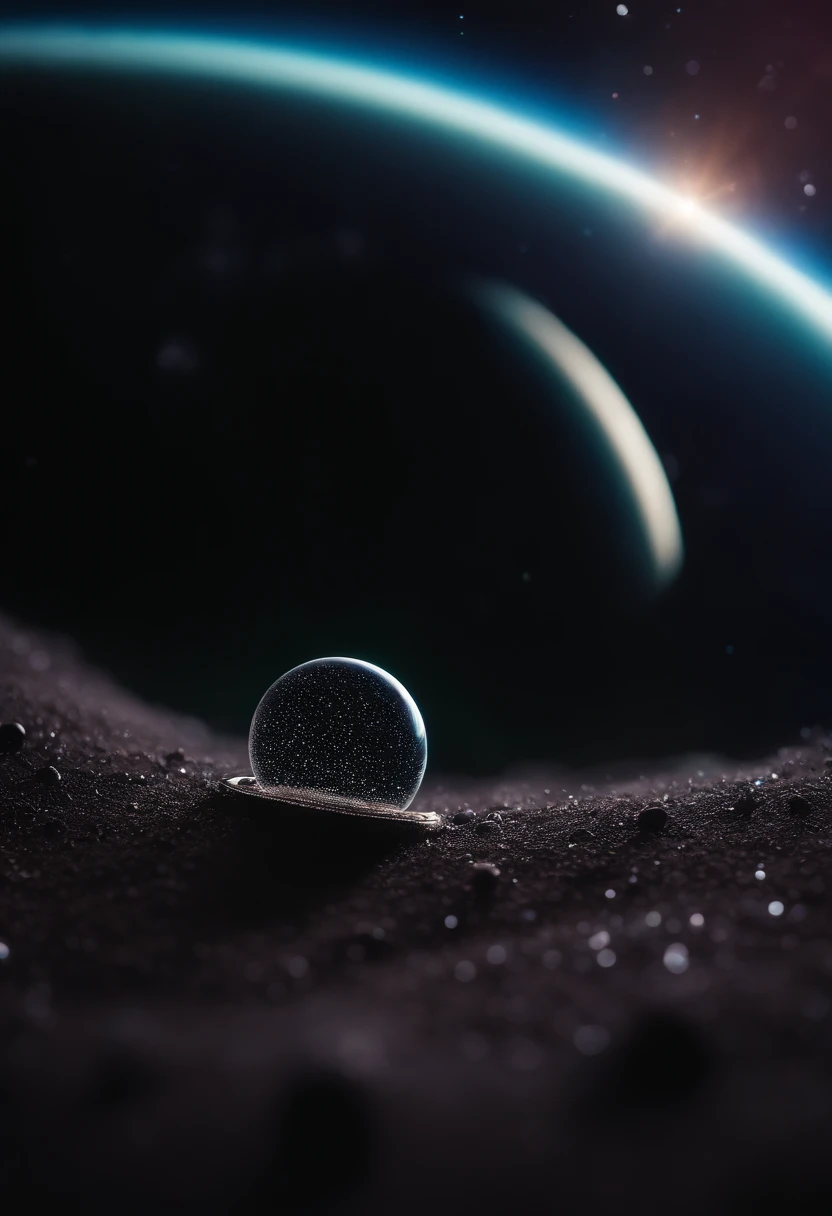a detailed macro shot of a piece of debris or space dust floating near the neon planet’s rings, highlighting the intricate details and textures of the celestial particles