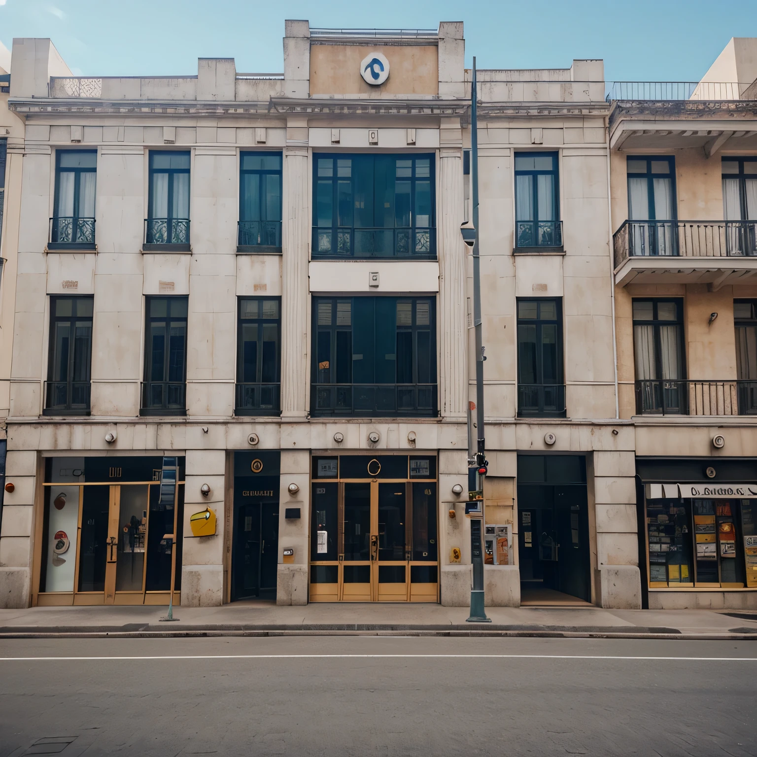 Realistic building facade, bem quadrado, Clearly visible features, flat frame in front of the building,No distortion is made to the image.