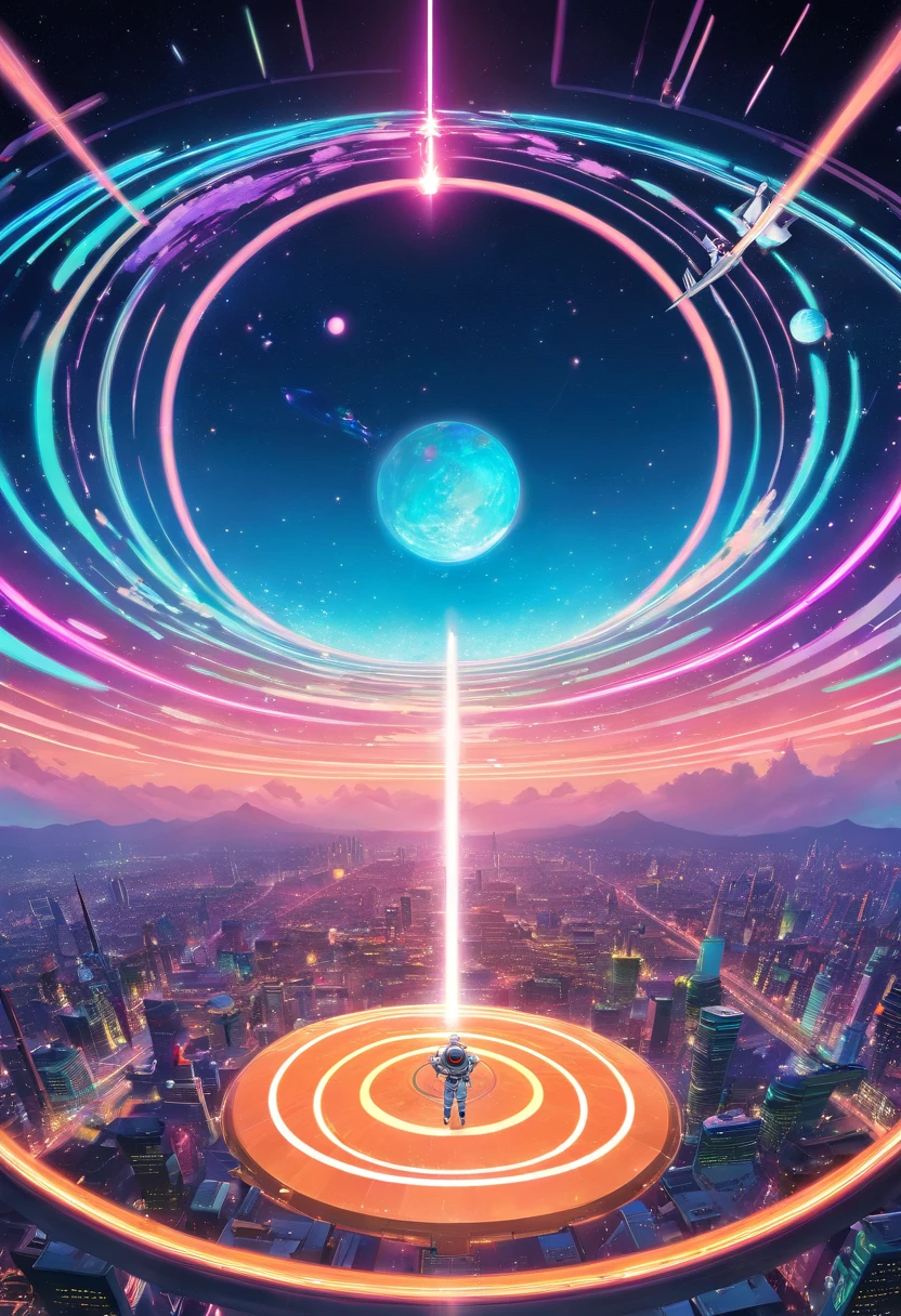 a high-angle shot of the neon planet and its rings from a distance, with a spaceship or astronaut in the frame, emphasizing the scale and vastness of the space environment