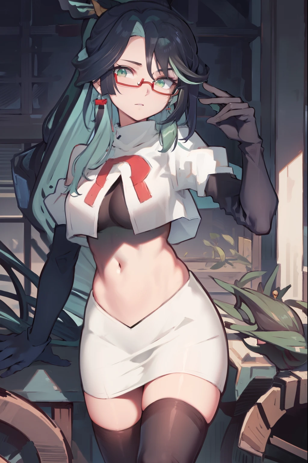 2d, masterpiece, best quality, anime, highly detailed face, perfect lighting, long hair, ponytail, multicolored hair, black hair, bangs, glasses, semi-rimless eyewear, earrings, green hair, hair ornament, jewelry, red-framed eyewear, green eyes, team rocket,team rocket uniform,white skirt,red letter R,crop top,black thigh-high boots,black elbow gloves,