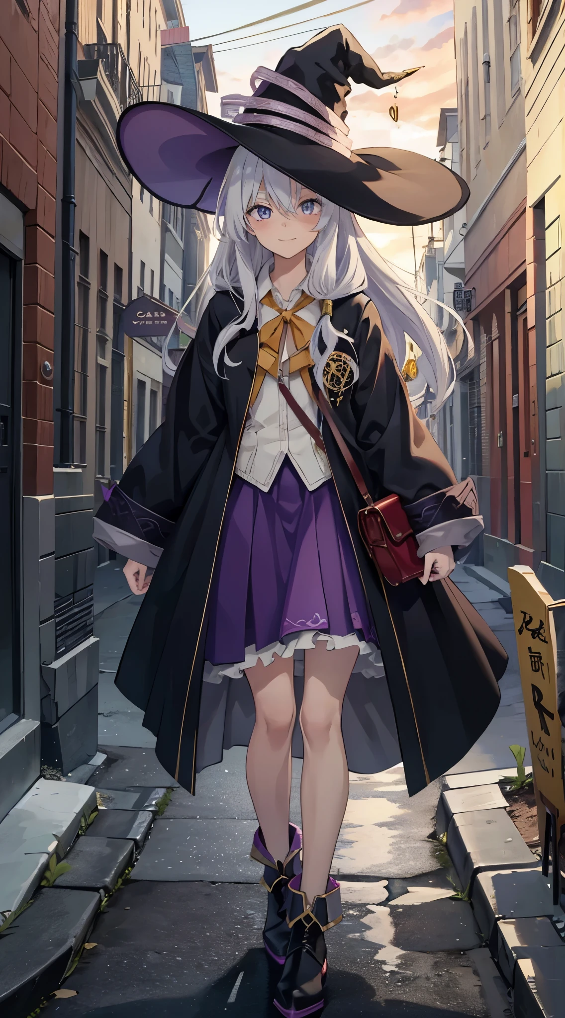 Masterpiece, 4k, hd, elaina (majo no tabitabi), beautiful, realistic, white hair, long hair, Crested, hair between eyes, solo, purple eyes, witch, bowtie, yellow bow, shirt, skirt, coat, bross, diamond, open clothes, anime color, boot, bag, smile, blushing, looking at viewer, stand, Photo style, full image