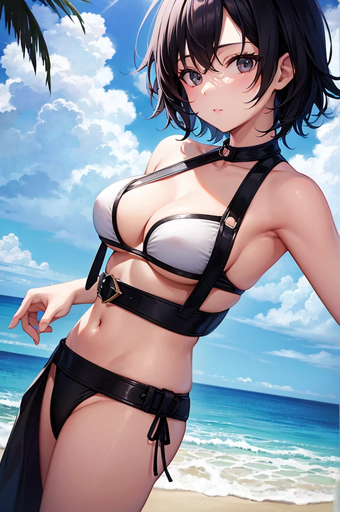 Summer beaches、Short black hair、a beauty girl、a white bikini、Embarrassing、hight resolution、high-level image quality