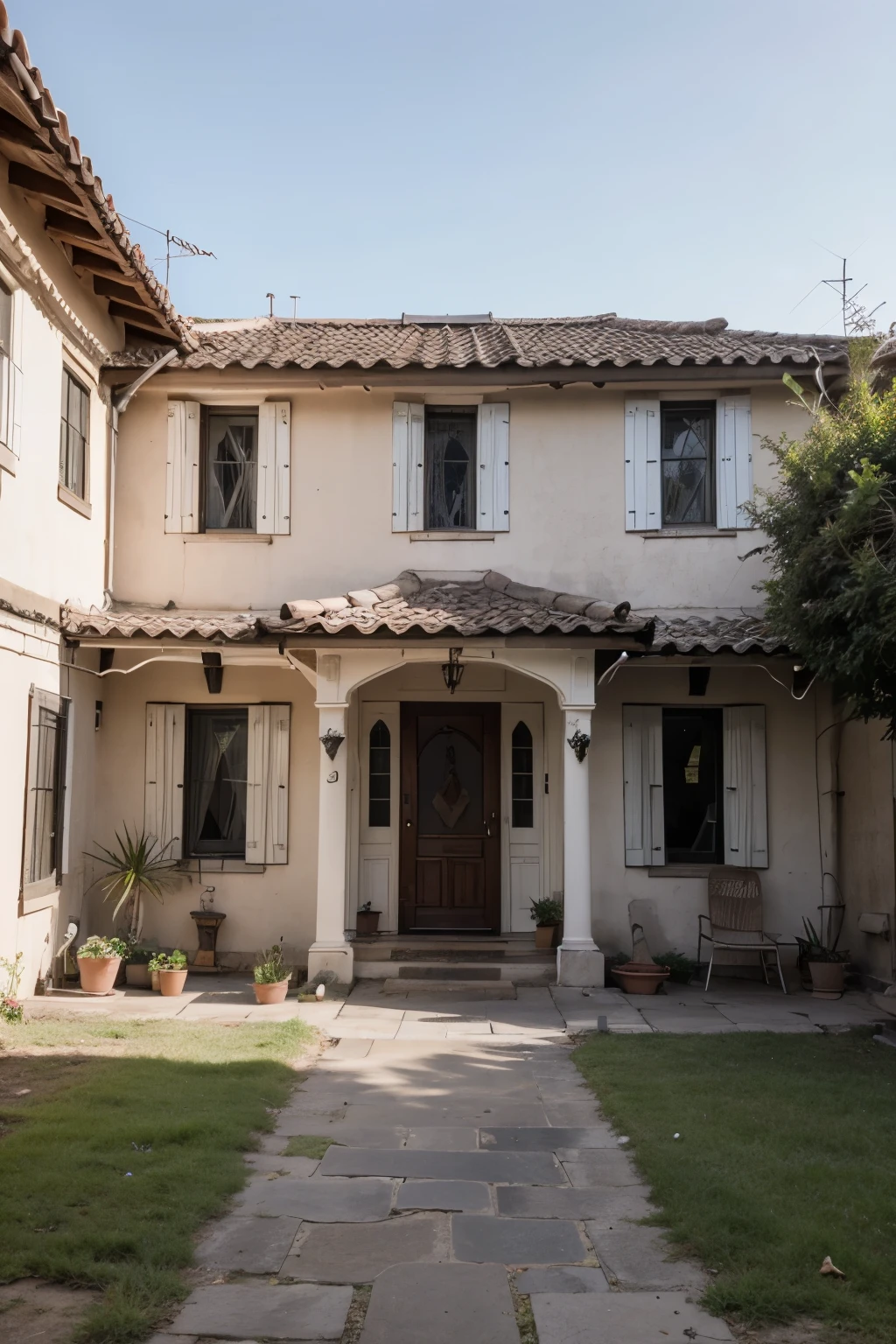 Uma casa de dois andares em uma rua com casas antigas com mais da 200 anos
