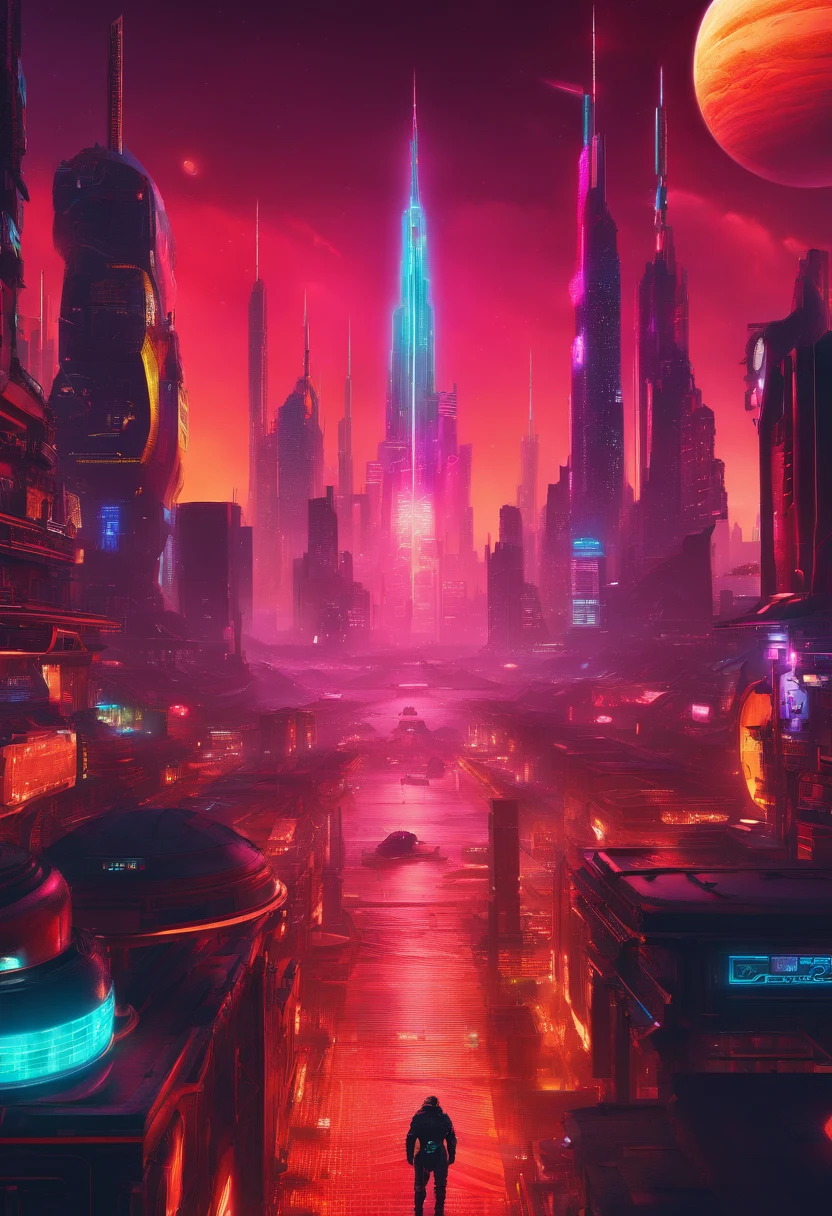 a high-angle shot of the neon planet and its rings from a distance, with a spaceship or astronaut in the frame, emphasizing the scale and vastness of the space environment