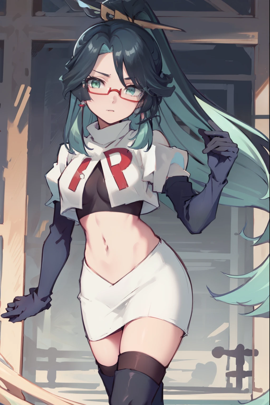 2d, masterpiece, best quality, anime, highly detailed face, perfect lighting, long hair, ponytail, multicolored hair, black hair, bangs, glasses, semi-rimless eyewear, earrings, green hair, hair ornament, jewelry, red-framed eyewear, green eyes, team rocket,team rocket uniform,white skirt,red letter R,crop top,black thigh-high boots,black elbow gloves,