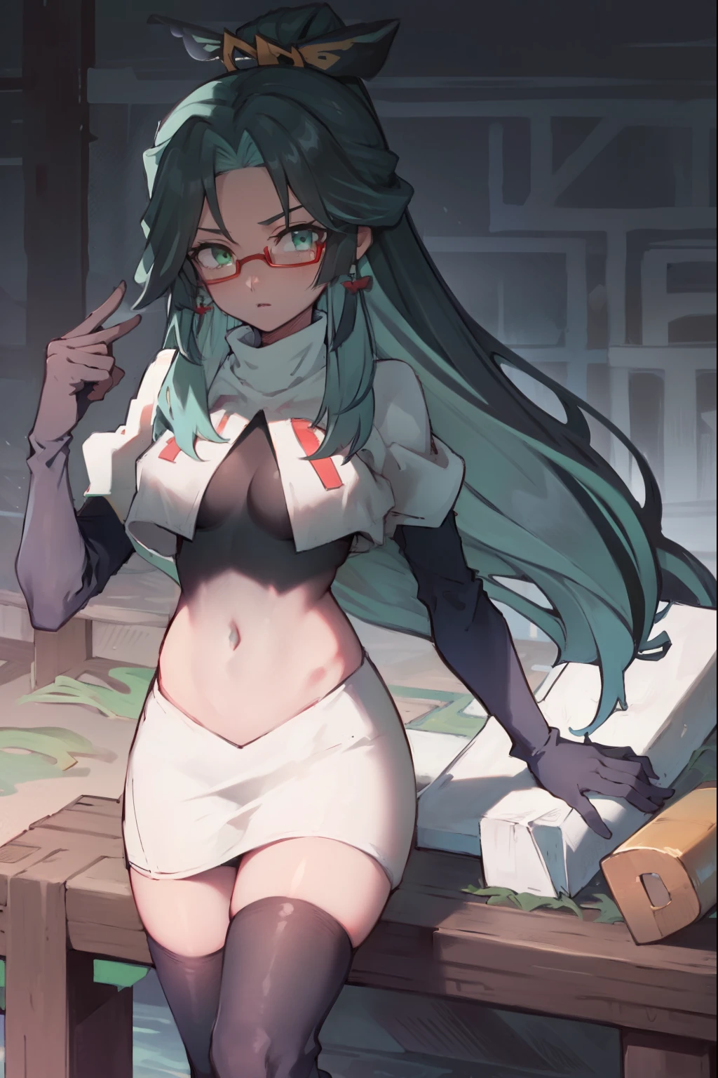 2d, masterpiece, best quality, anime, highly detailed face, perfect lighting, long hair, ponytail, multicolored hair, black hair, bangs, glasses, semi-rimless eyewear, earrings, green hair, hair ornament, jewelry, red-framed eyewear, green eyes, team rocket,team rocket uniform,white skirt,red letter R,crop top,black thigh-high boots,black elbow gloves,
