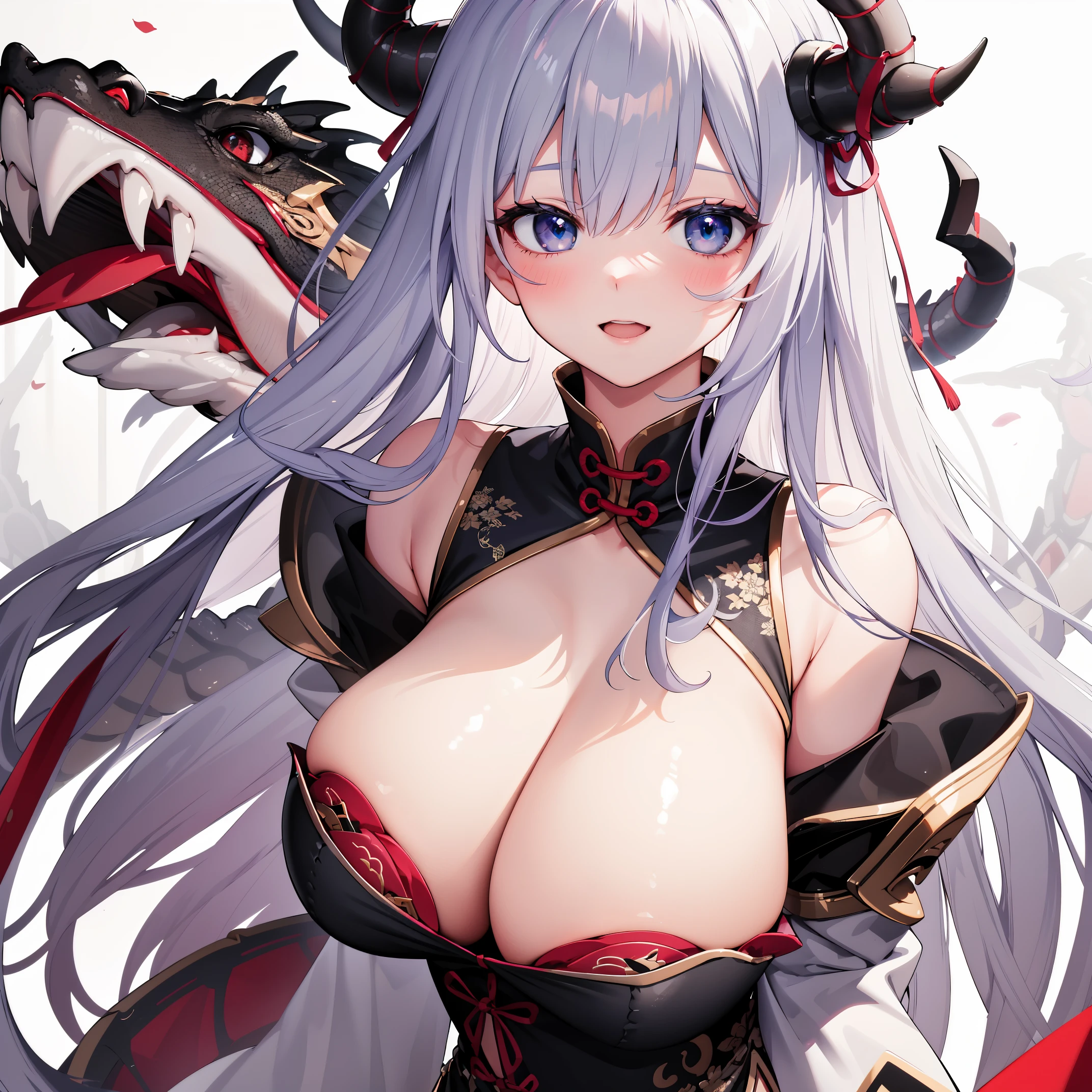 a happy new year,Dragon,(8k, best quality, tmasterpiece:1.2),\(eye detailed\),\(Facial features\),(\(Clothes detail detailacial focus) ,Very detailed CG unity 8K wallpaper,hugefilesize,ultra - detailed,A high resolution,absurderes,beautidful eyes,Ray traching,dramatic shadow,finely detailled,Dramatic angles,Hyper-detailing,(1 girl:1.3),(Solo),grown woman,Dragon Girl,Dragon's horn,gigantic breasts,sagging breasts,large breasts,China Cheongsam,Dragon dance
