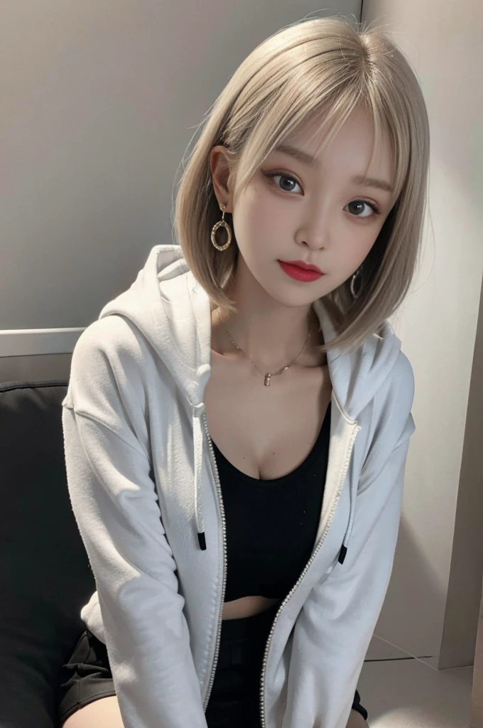 8K RAW photos, 17-year-old cool Korean, big round breasts, cleavage, cropped length zip hoodie with open front, cropped length top, skirt, beautiful eyes in detail, eyelashes, beautiful double eyelids, eyeshadow, slit eyes, sanpaku eyes, perfect eye makeup, kizara smile, beautiful thin legs, bright blonde hair, bob cut, earrings,