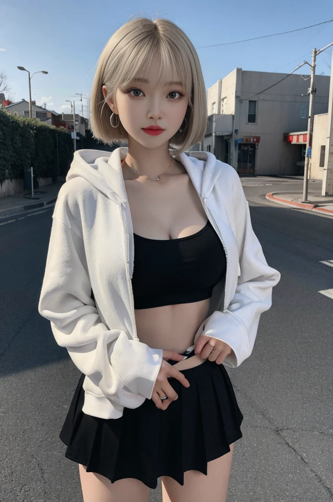 8K RAW photos, -yeld coKorean, big round breasts, cleavage, cropped length zip hoodie with open front, cropped length top, skirt, beautiful eyes in detail, eyelashes, beautiful double eyelids, eyeshadow, slit eyes, sanpaku eyes, perfect eye makeup, kizara smile, beautiful thin legs, bright blonde hair, bob cut, earrings,
