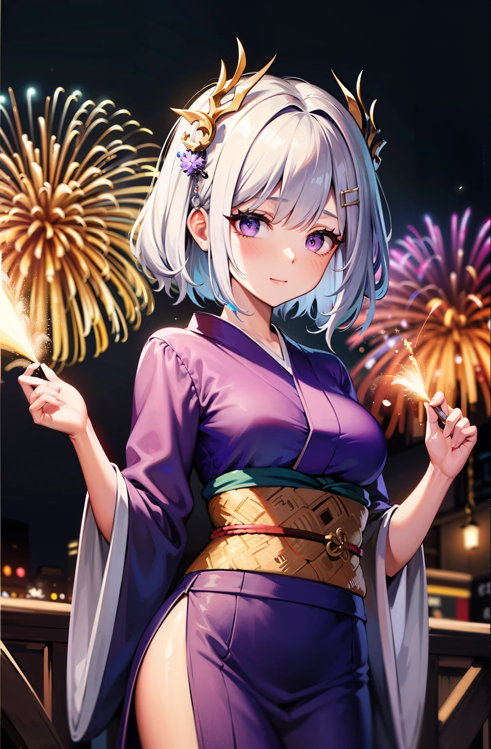 ((masterpiece)), anatomically correct, high details, high quality, best quality,Fujifilm, f/1.2, lens flare,head ring, white haired deity,hair clip,(purple eyes),slit puplis,((purple kimono)),night time, (night market), firework background,people around