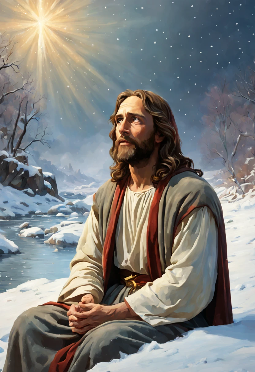 close-up, portrait, Jesus sitting in the snow and looking up at the sky, inspired by Christophe Vache, Shutterstock competition winner, fantasy art, colorful painting, Thomas Kinkade style painting, in an icy river, 8k resolution"
Jamie Wyeth, James Gillard, Edward Hopper, Greg Rutkowski Studio Ghibli Genshin Impact
