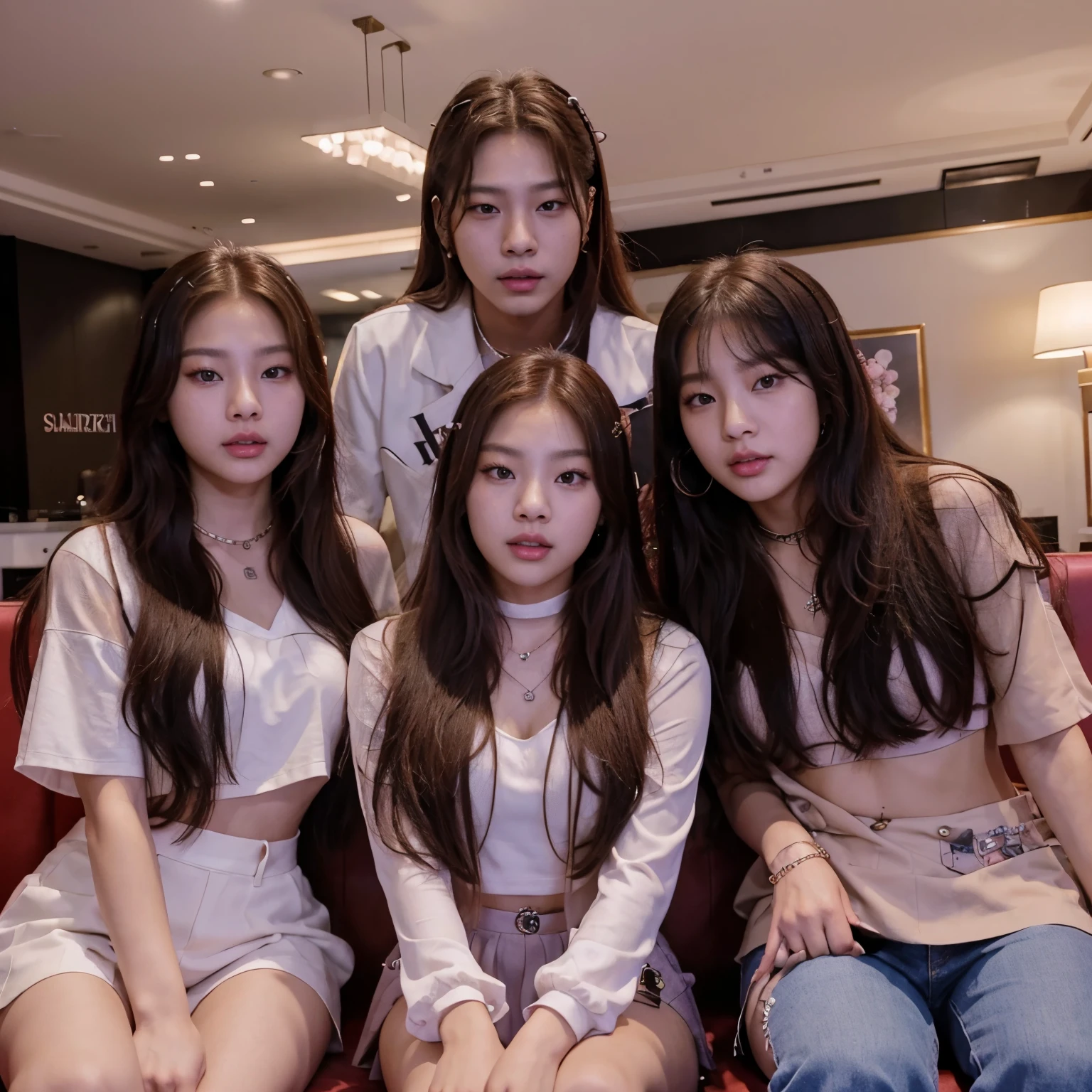 Jennie Kim from the group Blackpink together with Jungkook from the group BTS and Rose from the group BTS sitting on a sofa , jungkook bts , jennie blackpink , Rosé blackpink