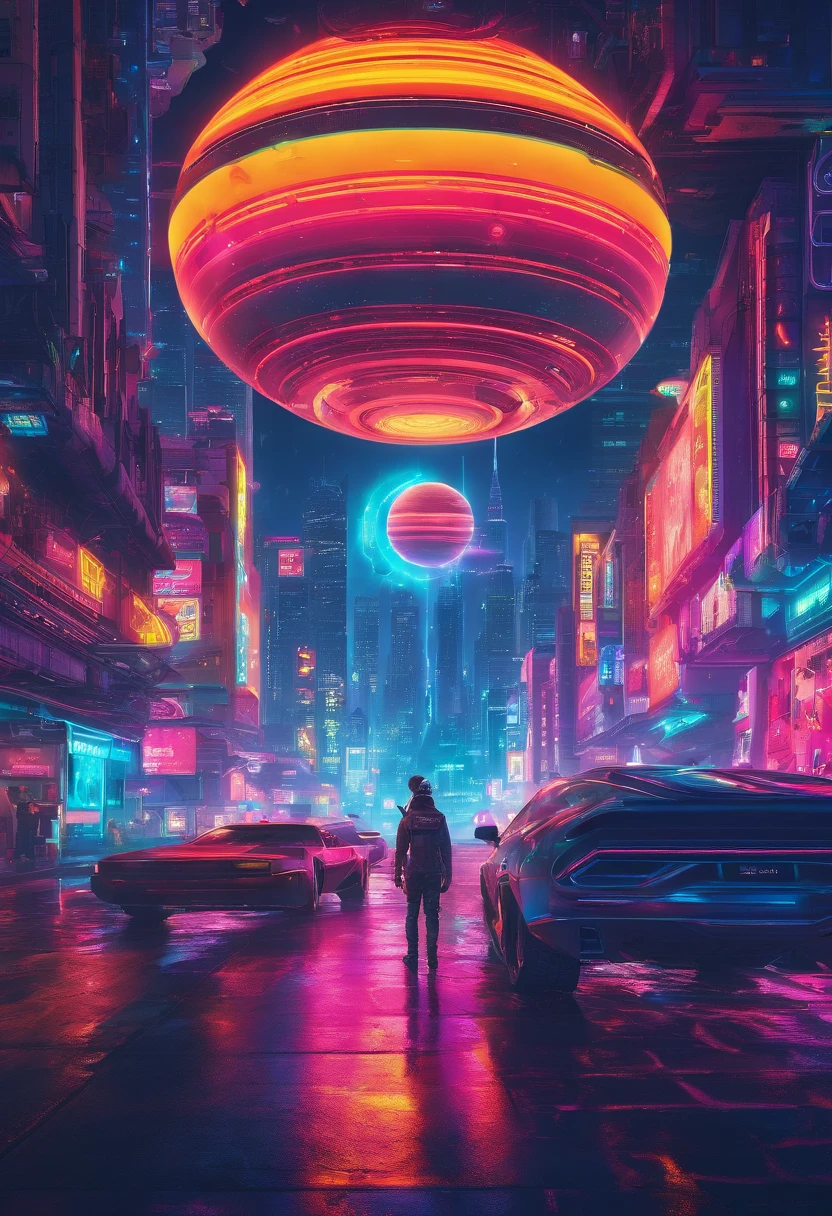a high-angle shot of the neon planet and its rings from a distance, with a spaceship or astronaut in the frame, emphasizing the scale and vastness of the space environment