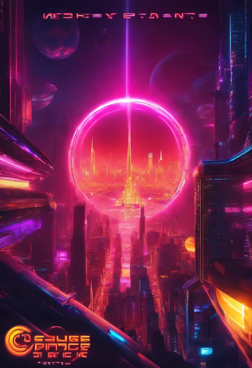 a high-angle shot of the neon planet and its rings from a distance, with a spaceship or astronaut in the frame, emphasizing the scale and vastness of the space environment