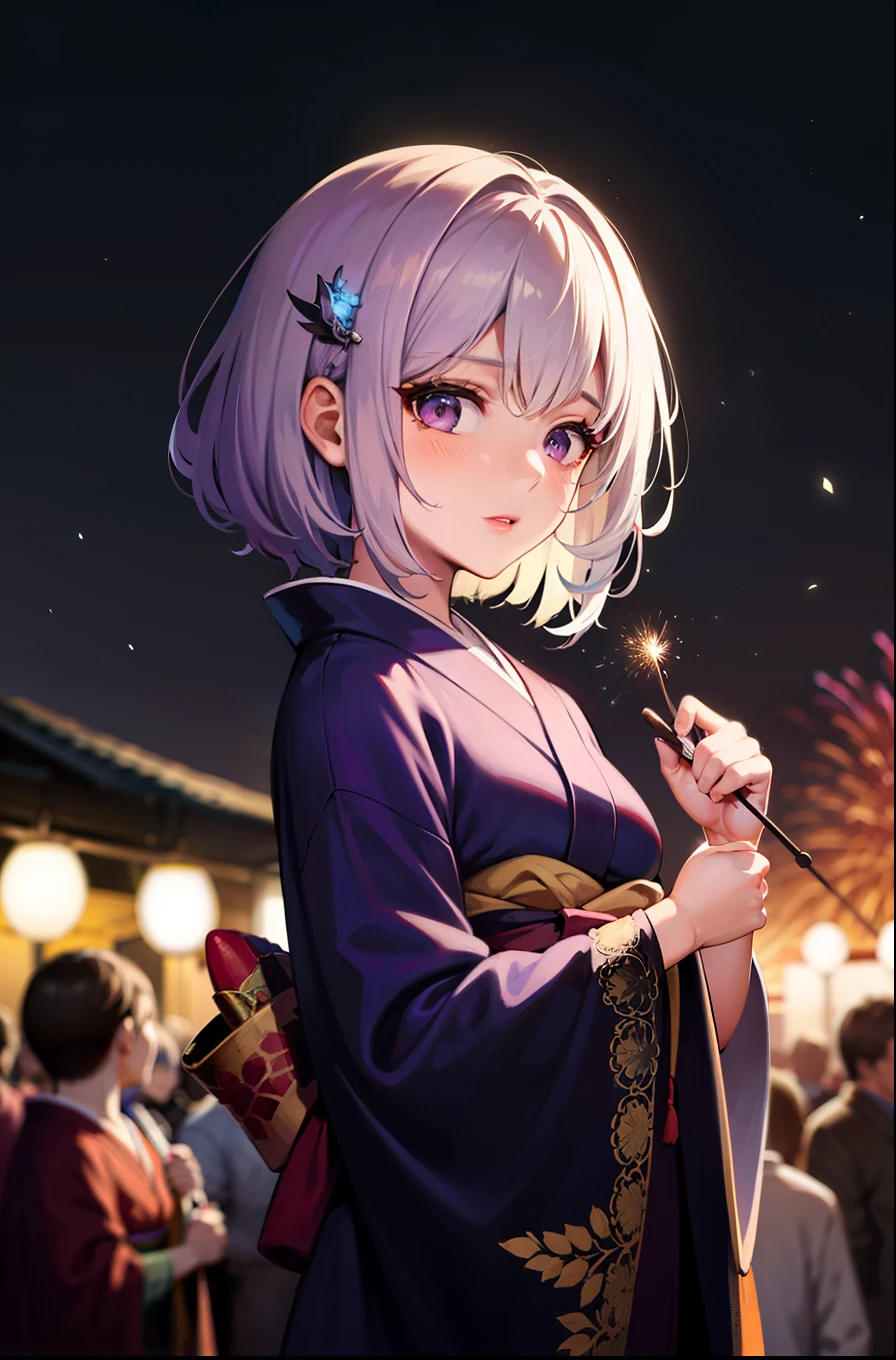 ((masterpiece)), anatomically correct, high details, high quality, best quality,Fujifilm, f/1.2, lens flare,head ring, white haired deity,hair clip,(purple eyes),slit puplis,((purple kimono)),night time, (night market), firework background,people around