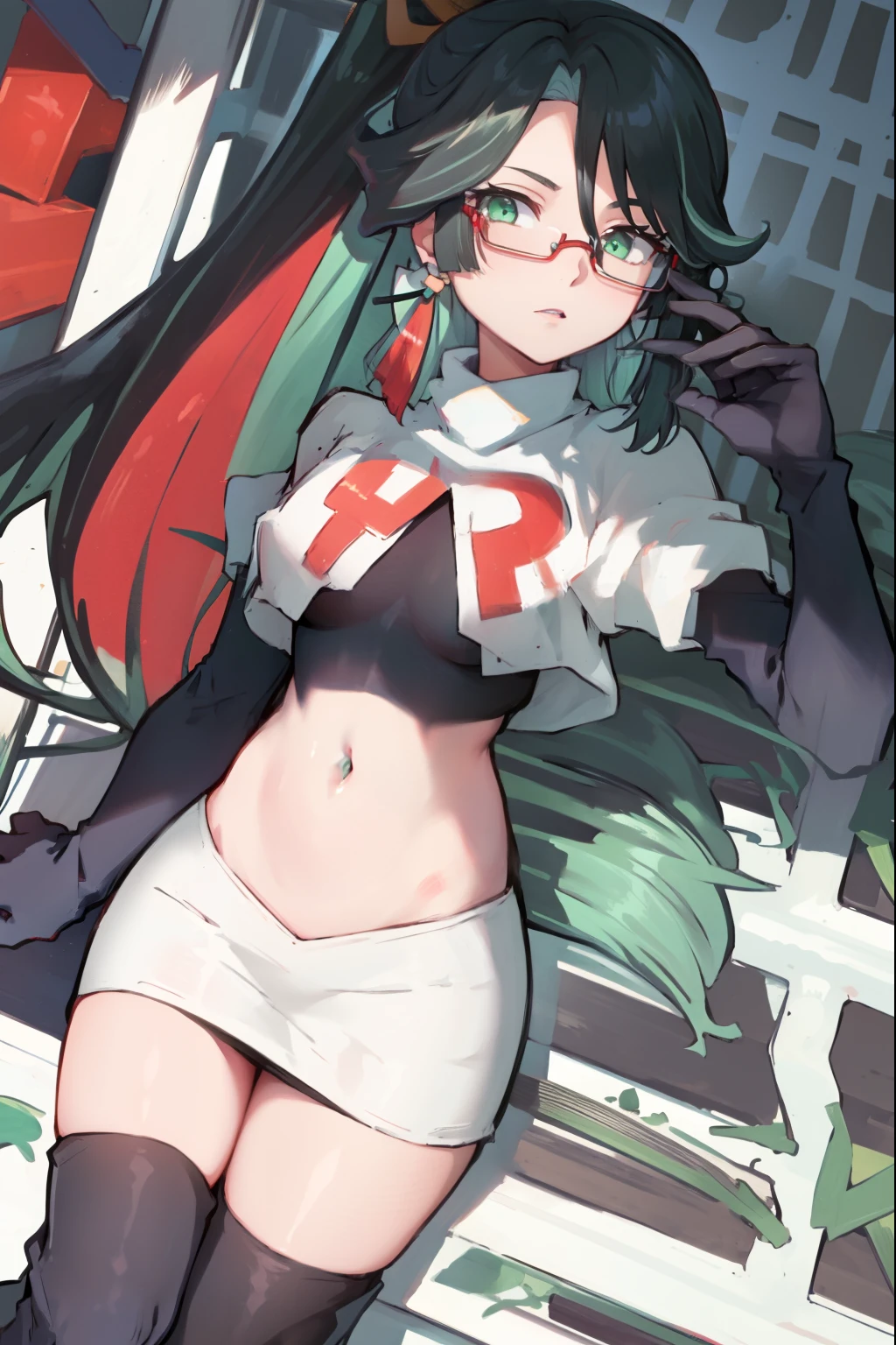 2d, masterpiece, best quality, anime, highly detailed face, perfect lighting, long hair, ponytail, multicolored hair, black hair, bangs, glasses, semi-rimless eyewear, earrings, green hair, hair ornament, jewelry, red-framed eyewear, green eyes, team rocket,team rocket uniform,white skirt,red letter R,crop top,black thigh-high boots,black elbow gloves,