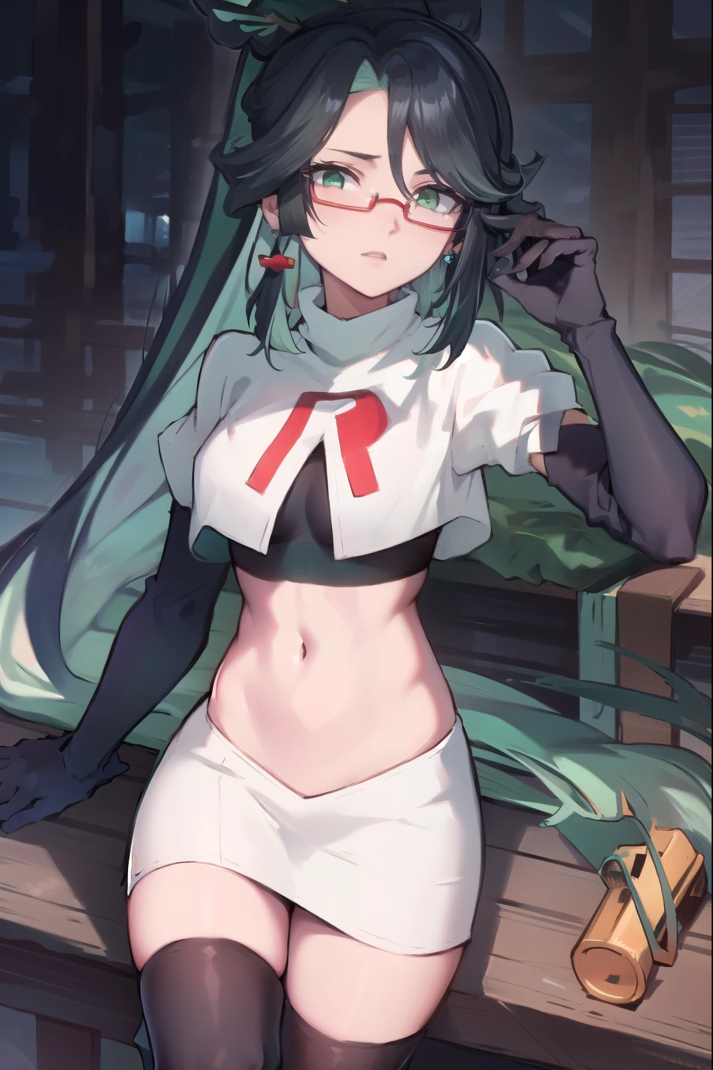 2d, masterpiece, best quality, anime, highly detailed face, perfect lighting, long hair, ponytail, multicolored hair, black hair, bangs, glasses, semi-rimless eyewear, earrings, green hair, hair ornament, jewelry, red-framed eyewear, green eyes, team rocket,team rocket uniform,white skirt,red letter R,crop top,black thigh-high boots,black elbow gloves,