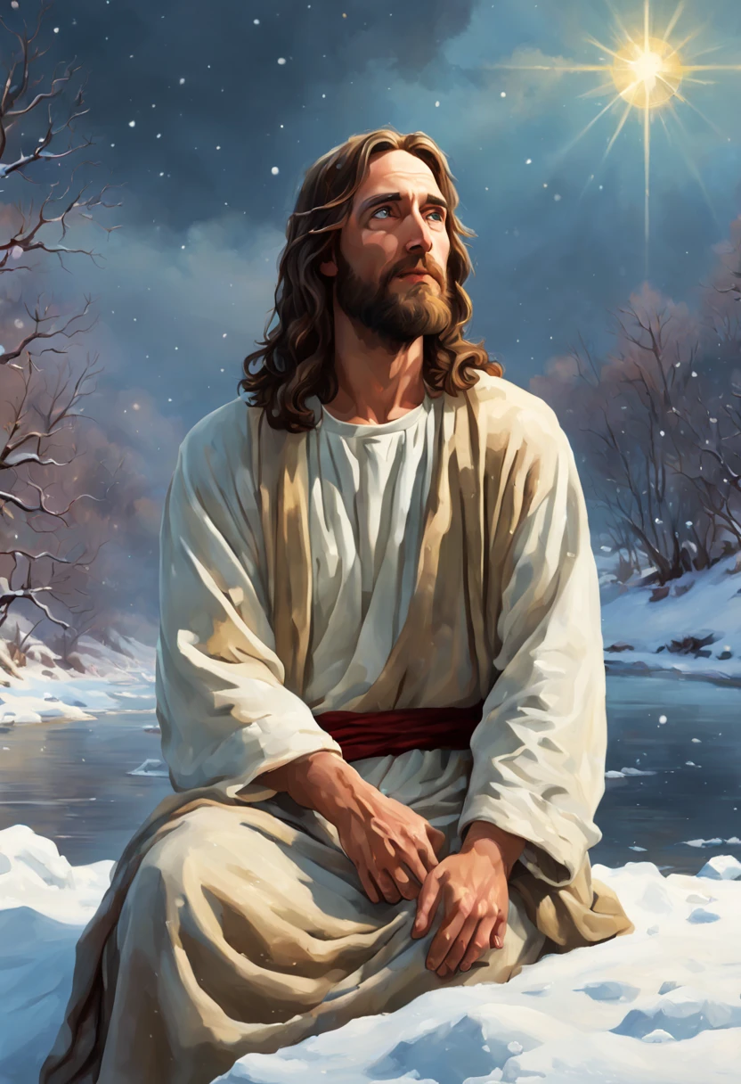 close-up, portrait, Jesus sitting in the snow and looking up at the sky, inspired by Christophe Vache, Shutterstock competition winner, fantasy art, colorful painting, Thomas Kinkade style painting, in an icy river, 8k resolution"
Jamie Wyeth, James Gillard, Edward Hopper, Greg Rutkowski Studio Ghibli Genshin Impact