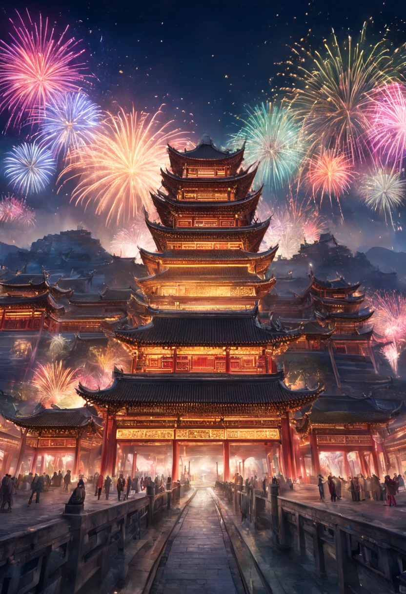 Colorful heart glowing effect complex light splash on ancient Chinese city ,depth of fields,Emphasis on HD details,ultra - detailed,Intricate clear spots of light at night,Colorful fireworks in the sky,
,Real light,wide wide shot, Ultra-wide angle crisp ray traced rendering,hyper realisitc,Best quality,8K,a work of art,ultradetailed,detailed