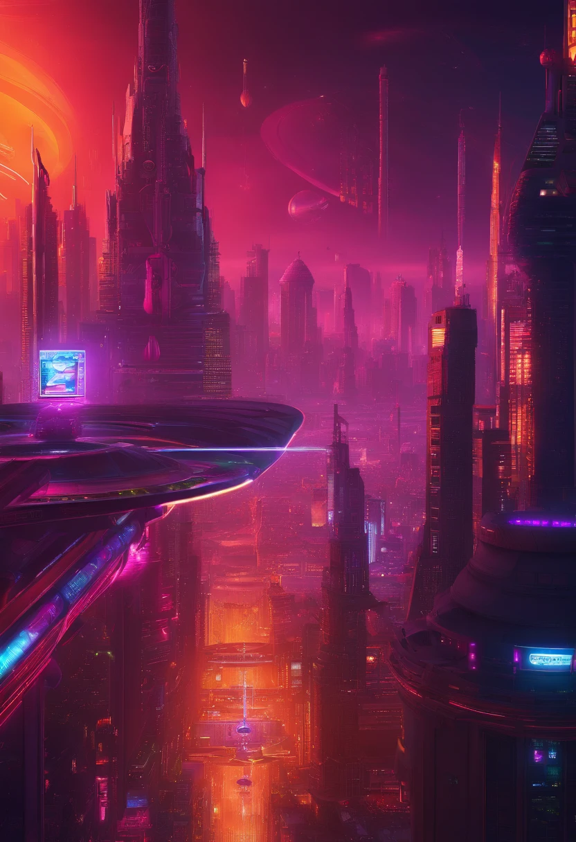 a high-angle shot of the neon planet and its rings from a distance, with a spaceship or astronaut in the frame, emphasizing the scale and vastness of the space environment