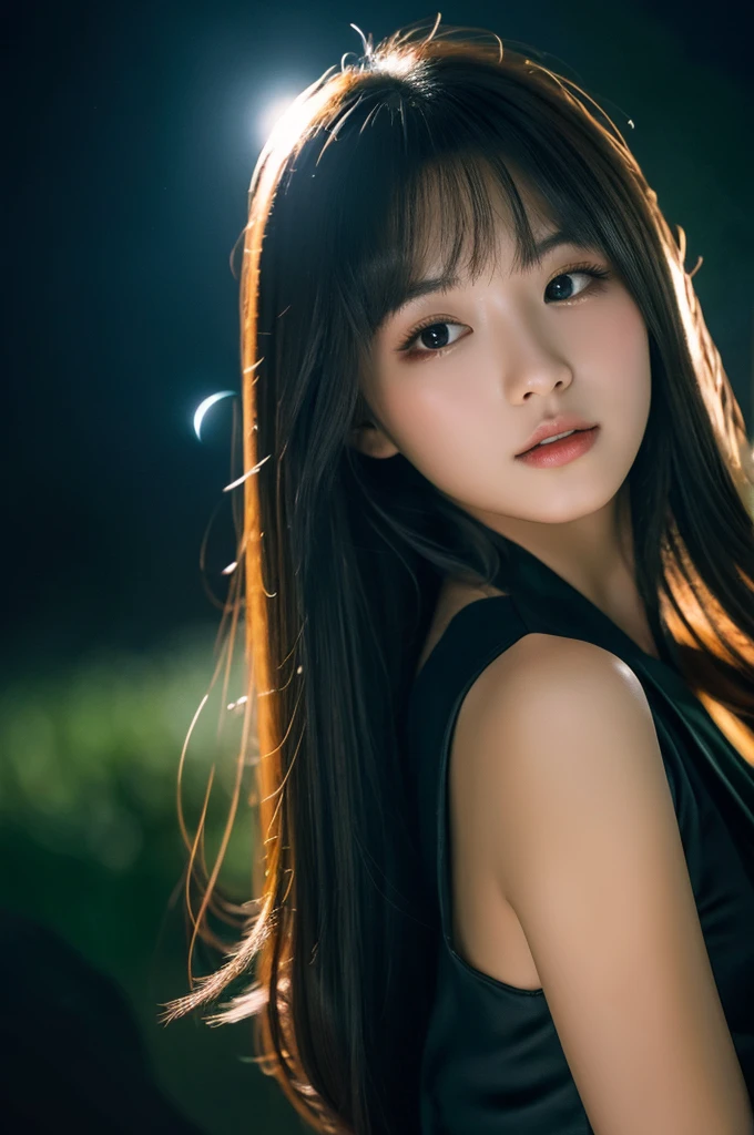 Crescent moon sparkling in the dark night、personification、Beautiful woman、hight resolution、high-level image quality