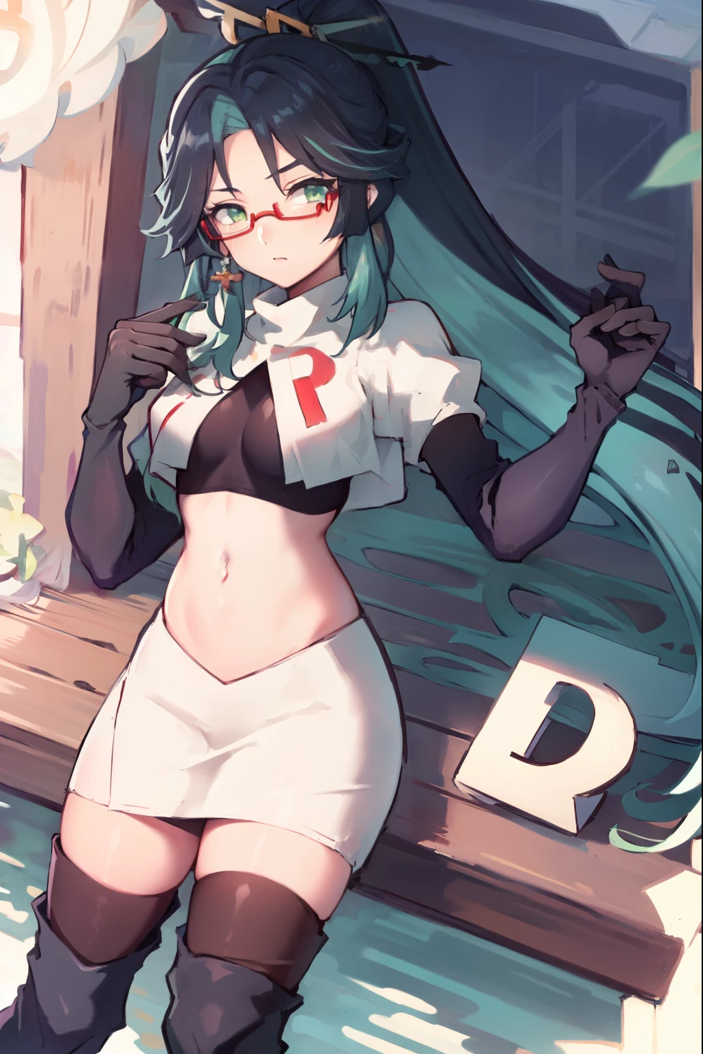 2d, masterpiece, best quality, anime, highly detailed face, perfect lighting, long hair, ponytail, multicolored hair, black hair, bangs, glasses, semi-rimless eyewear, earrings, green hair, hair ornament, jewelry, red-framed eyewear, green eyes, team rocket,team rocket uniform,white skirt,red letter R,crop top,black thigh-high boots,black elbow gloves,