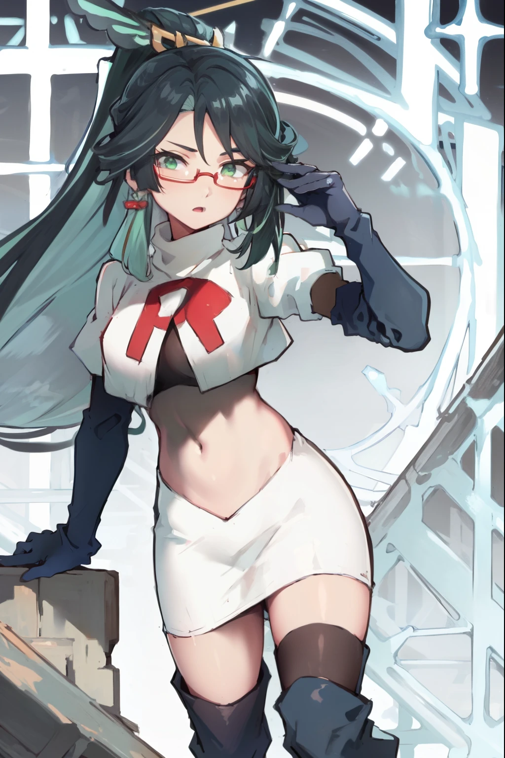 2d, masterpiece, best quality, anime, highly detailed face, perfect lighting, long hair, ponytail, multicolored hair, black hair, bangs, glasses, semi-rimless eyewear, earrings, green hair, hair ornament, jewelry, red-framed eyewear, green eyes, team rocket,team rocket uniform,white skirt,red letter R,crop top,black thigh-high boots,black elbow gloves,