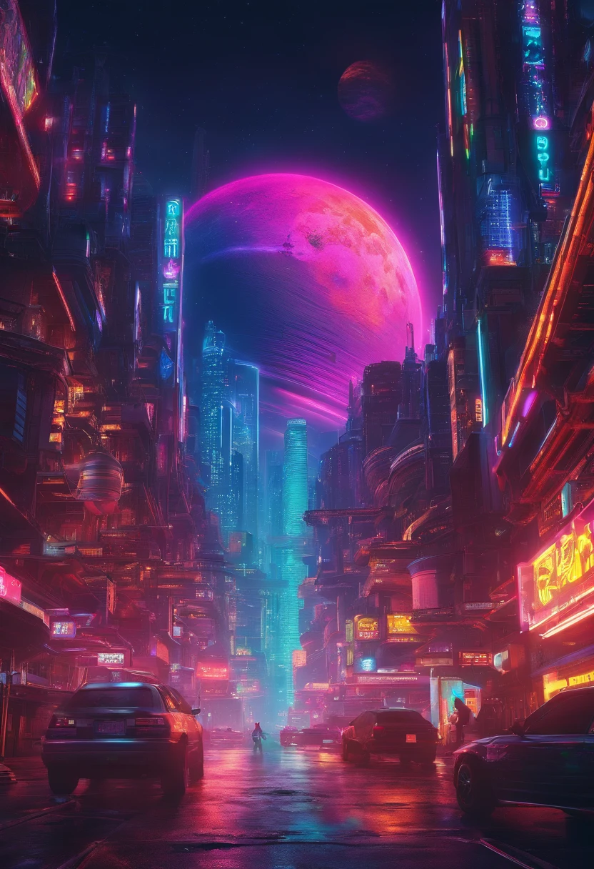 a high-angle shot of the neon planet and its rings from a distance, with a spaceship or astronaut in the frame, emphasizing the scale and vastness of the space environment