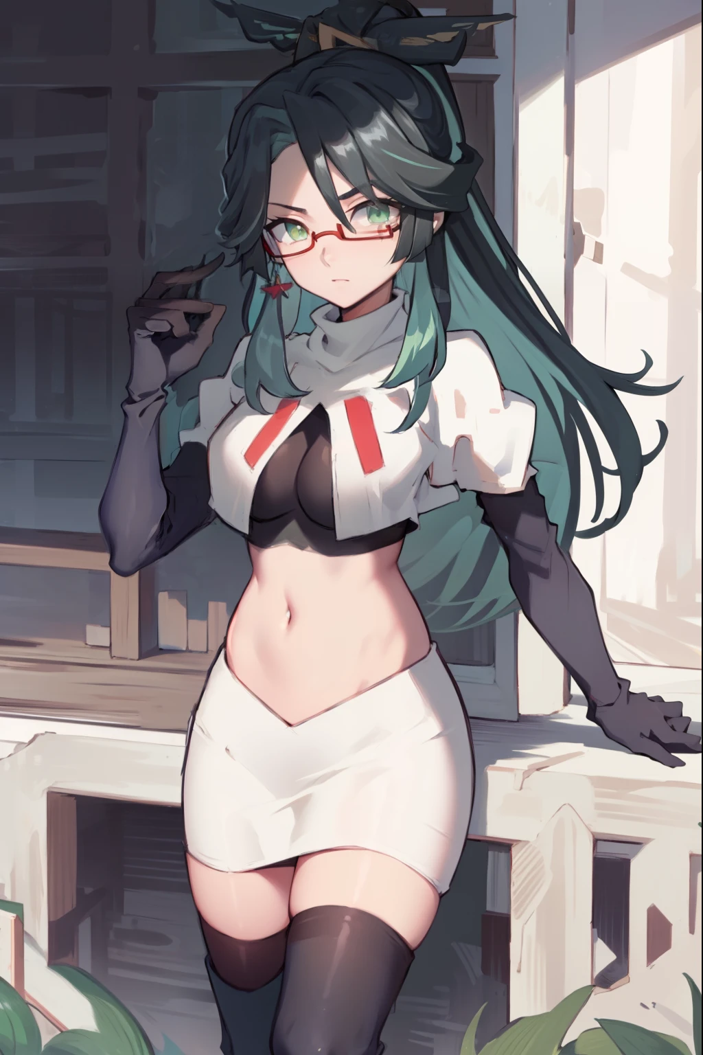 2d, masterpiece, best quality, anime, highly detailed face, perfect lighting, long hair, ponytail, multicolored hair, black hair, bangs, glasses, semi-rimless eyewear, earrings, green hair, hair ornament, jewelry, red-framed eyewear, green eyes, team rocket,team rocket uniform,white skirt,red letter R,crop top,black thigh-high boots,black elbow gloves,