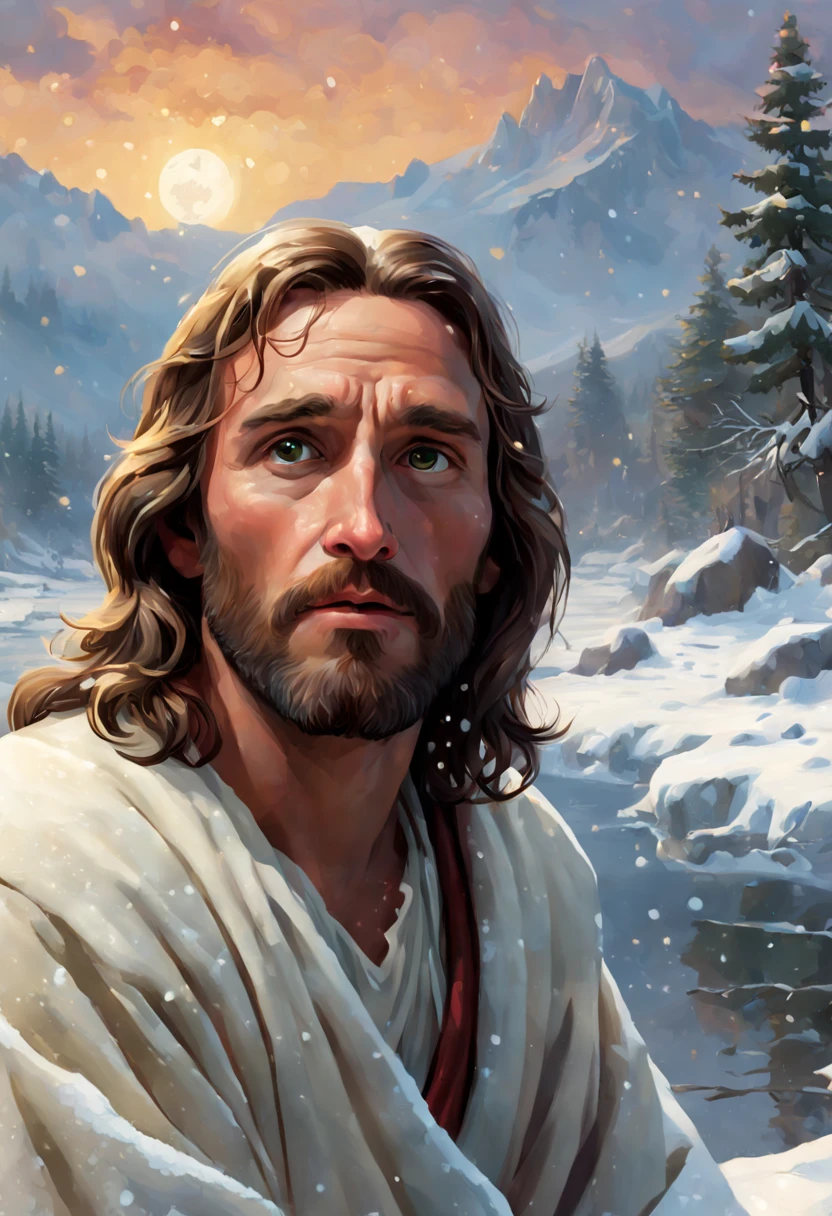 close-up, portrait, Jesus sitting in the snow and looking up at the sky, inspired by Christophe Vache, Shutterstock competition winner, fantasy art, colorful painting, Thomas Kinkade style painting, in an icy river, 8k resolution"
Jamie Wyeth, James Gillard, Edward Hopper, Greg Rutkowski Studio Ghibli Genshin Impact