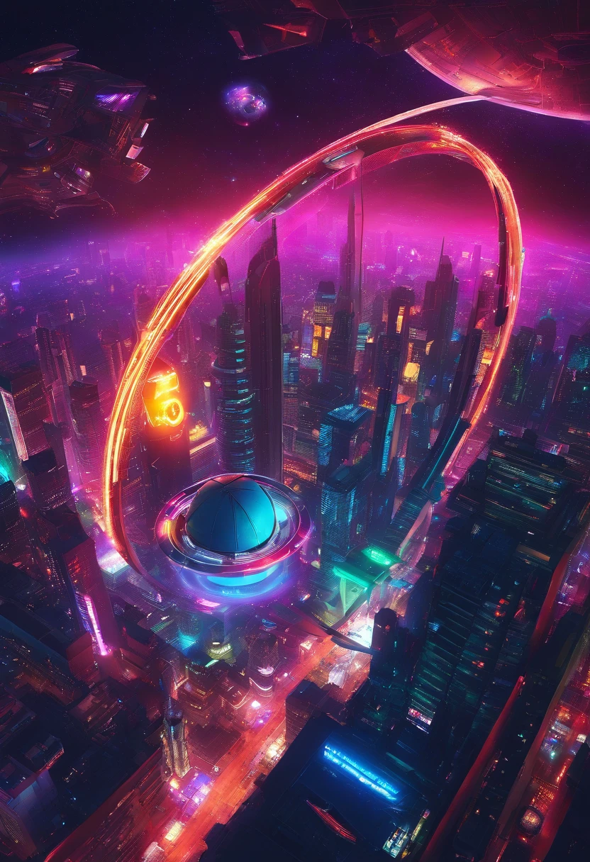 a high-angle shot of the neon planet and its rings from a distance, with a spaceship or astronaut in the frame, emphasizing the scale and vastness of the space environment