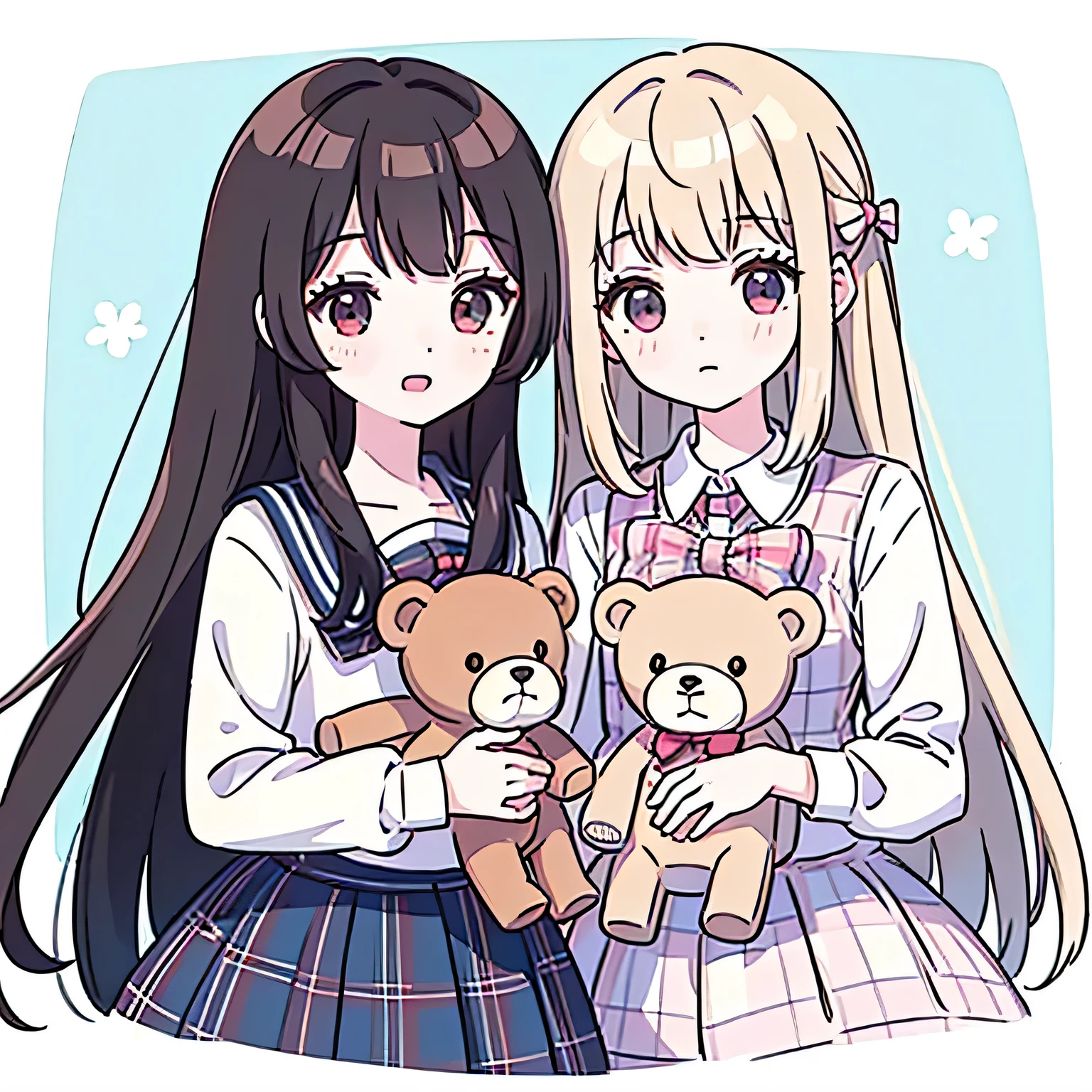 an anime-style illustration of two schoolgirls holding teddy bears. The girls should have long hair and wear white blouses with large bows and plaid skirts. The teddy bears should be light brown and look cute. The background should be a light pink color. Add the signature "kei to mo" at the bottom right corner of the illustration.