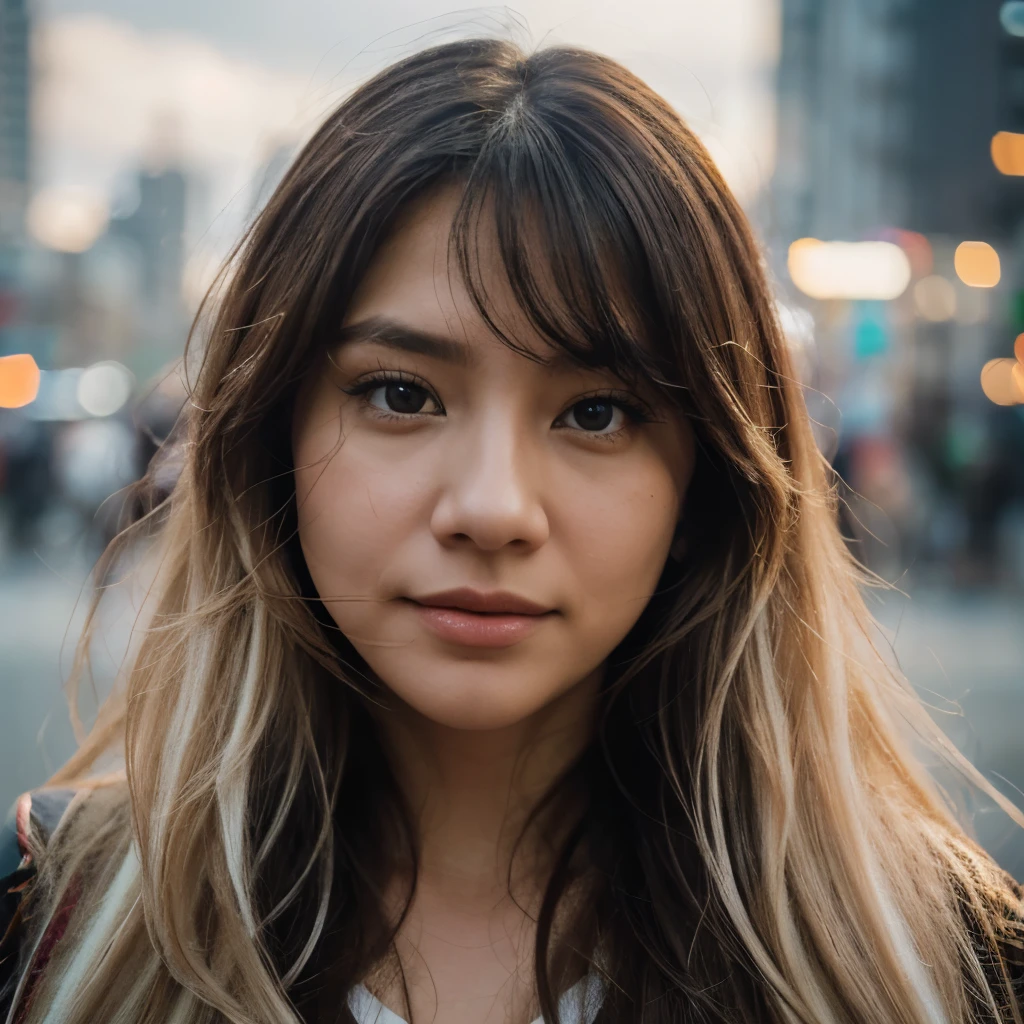 Close-up photo with New York City in the background、face indonesia, Realistic textures、long hair of light colors、light colored wavy hair、Extraordinary beauty、Sharp facial features、Dynamic upper body composition、Fujifilm XT2、85mm F1.2、1/80 shutter speed、(bokeh dof)、highcontrast