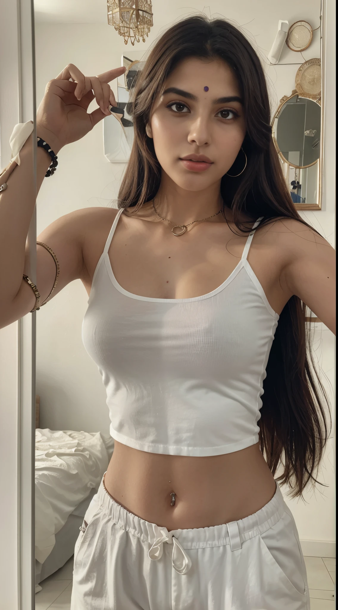 Rhea Chakraborty como uma bela jovem donzela, mirror selfie, 4k, light on model, seios grandes, tank top, simple look, highly detailed, solo model, cabelo comprido amarrado em um coque, usando maquiagem pesada, Usando ornamentos dourados, long eye lashes, bindi, brincos longos, colar, arm bands, pulseiras, anel nasal e corrente da cintura, mascara on the eyes, roupas molhadas, olhar preocupado, instagram.