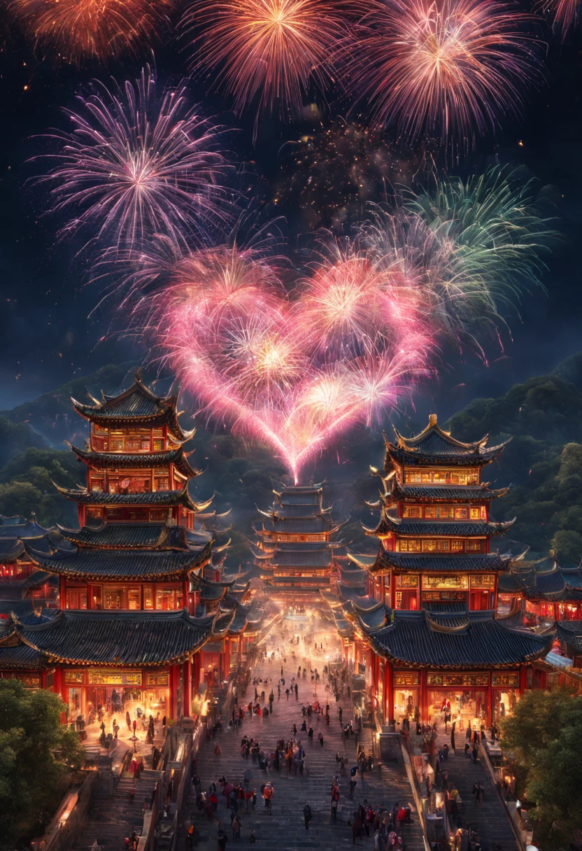 Colorful heart glowing effect complex light splash on ancient Chinese city ，depth of fields，Emphasis on HD details，ultra - detailed，Intricate clear spots of light at night，Colorful fireworks in the sky， 

        ，Real light，wide wide shot, Ultra-wide angle crisp ray traced rendering，hyper realisitc，Best quality at best，8K，An artwork of，ultradetailed，detailed