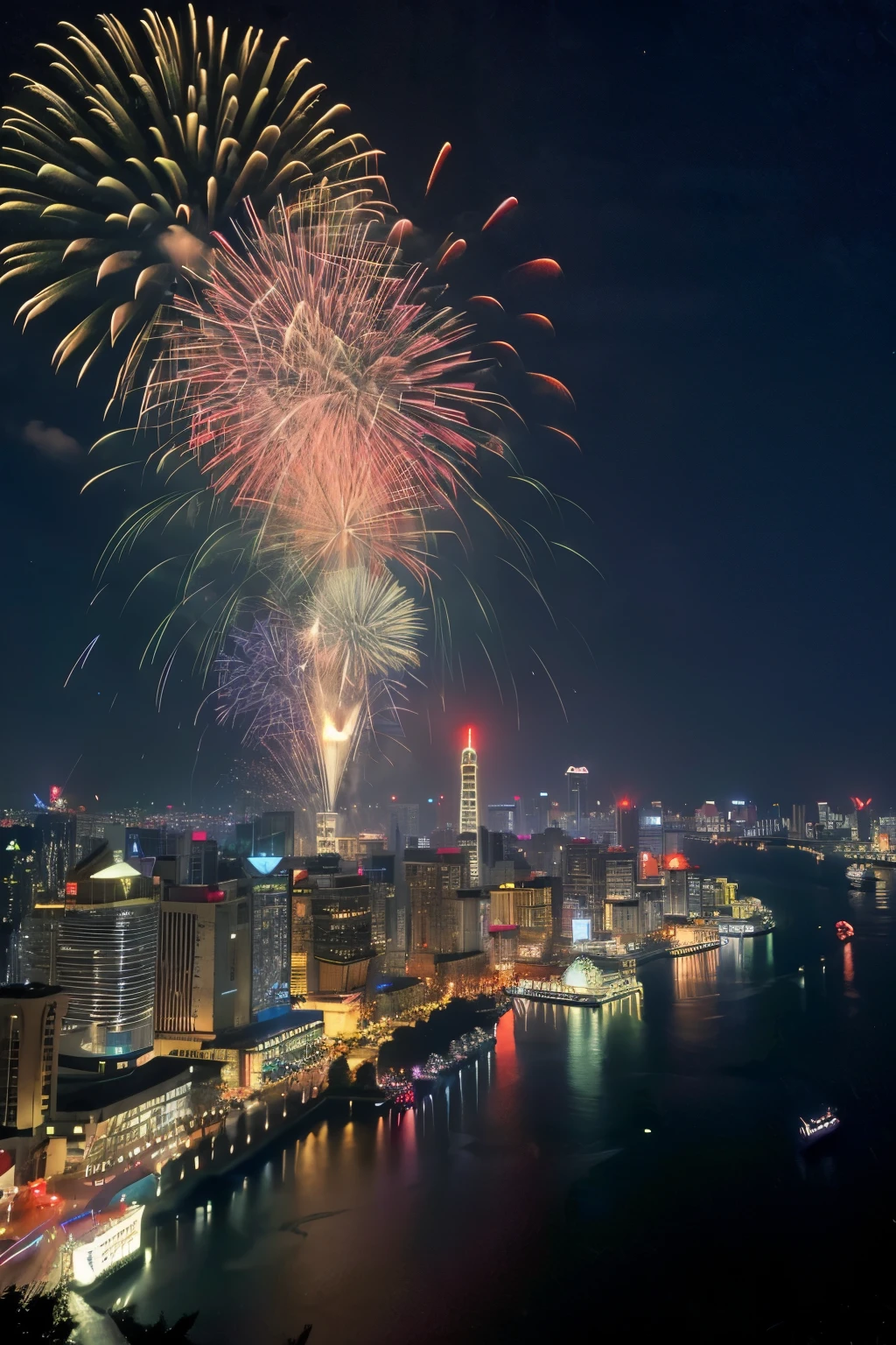 ((best quality)), lots of spectacular fireworks over over shanghai citycentre, colorfull, nighttime, fireworks reflections in river, beautiful view