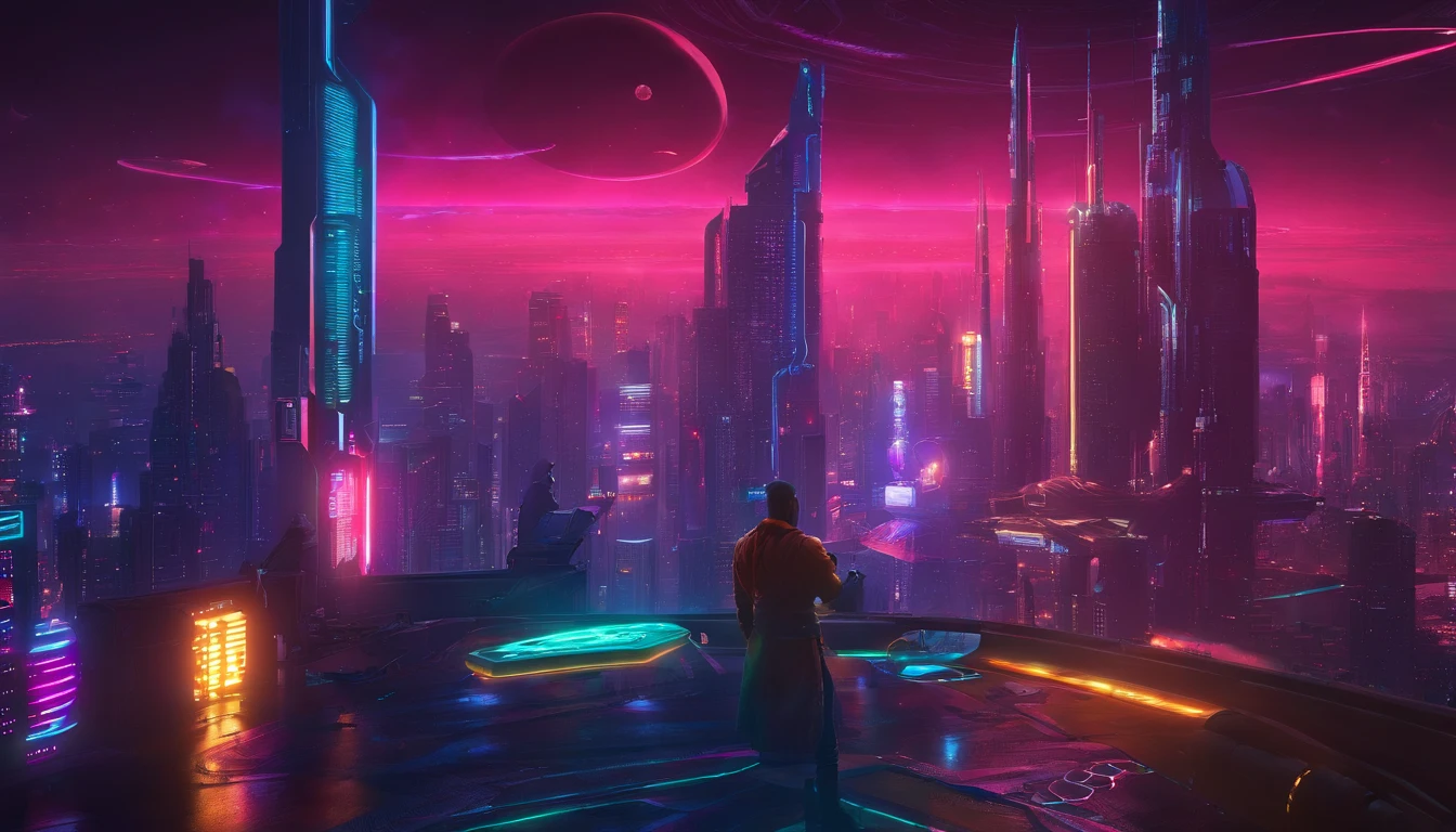 a high-angle shot of the neon planet and its rings from a distance, with a spaceship or astronaut in the frame, emphasizing the scale and vastness of the space environment
