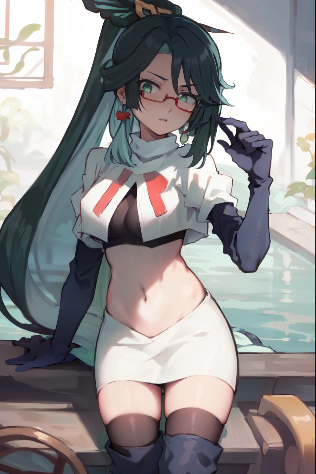 2d, masterpiece, best quality, anime, highly detailed face, perfect lighting, long hair, ponytail, multicolored hair, black hair, bangs, glasses, semi-rimless eyewear, earrings, green hair, hair ornament, jewelry, red-framed eyewear, green eyes, team rocket,team rocket uniform,white skirt,red letter R,crop top,black thigh-high boots,black elbow gloves,