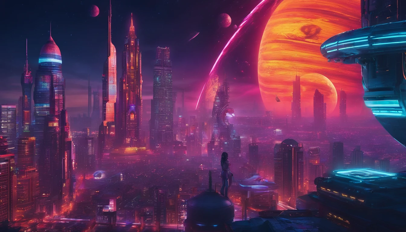 a high-angle shot of the neon planet and its rings from a distance, with a spaceship or astronaut in the frame, emphasizing the scale and vastness of the space environment