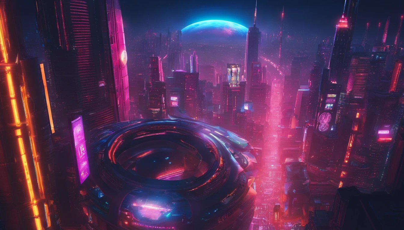 a high-angle shot of the neon planet and its rings from a distance, with a spaceship or astronaut in the frame, emphasizing the scale and vastness of the space environment