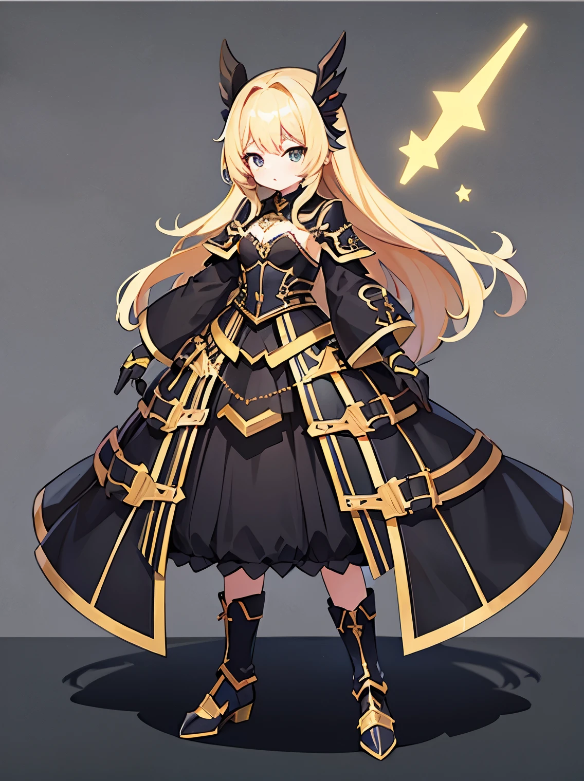 girl with、Full body standing picture、black western style armor、Yellow hair、The long-haired、black gloves、小さいgirl with
