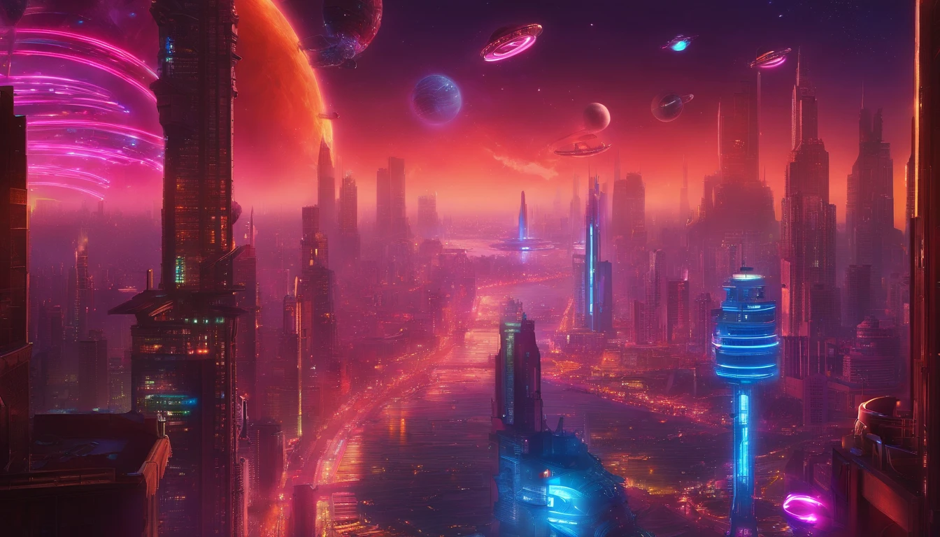 a high-angle shot of the neon planet and its rings from a distance, with a spaceship or astronaut in the frame, emphasizing the scale and vastness of the space environment